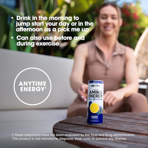 Optimum Nutrition Amino Energy Sparkling Hydration Drink, Electrolytes, Caffeine, Amino Acids, BCAAs, Sugar Free, Juicy Strawberry, 12 Fl Oz, 12 Pack (Packaging May Vary)