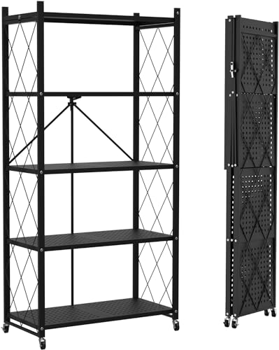 4-Tier Foldable Storage Shelf with Wheels - Metal Collapsible Shelving Unit Display, Rolling Cart for Books Kitchen Storage Shelves, Pantry & Closet Organizer, Office Room Decor - BLACK
