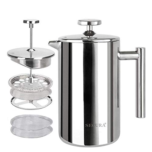 Secura French Press Coffee Maker, 304 Grade Stainless Steel Insulated Coffee Press with 2 Extra Screens, 34oz (1 Litre), Silver