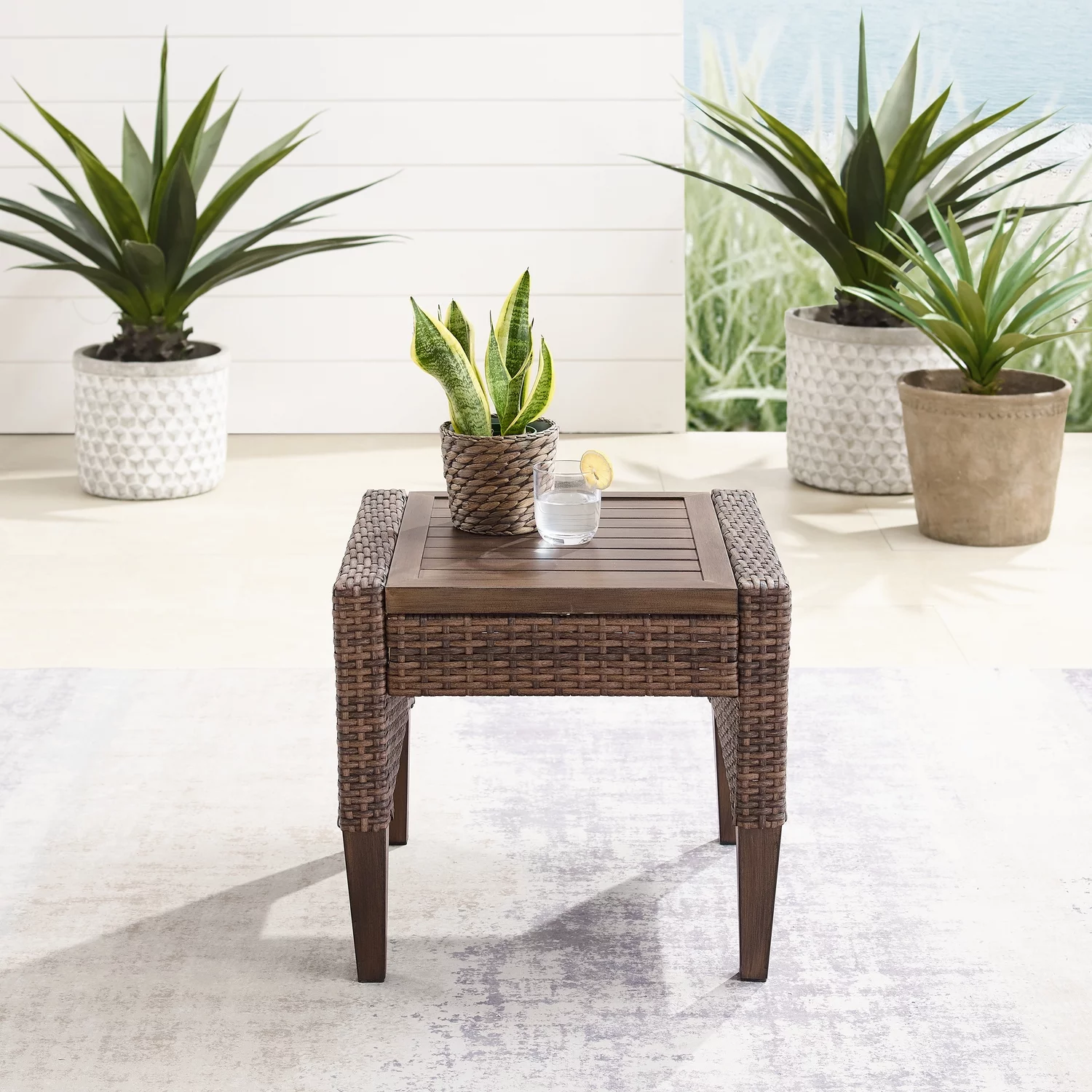 HomeStock Coastal Craftsman Outdoor Wicker Side Table Brown