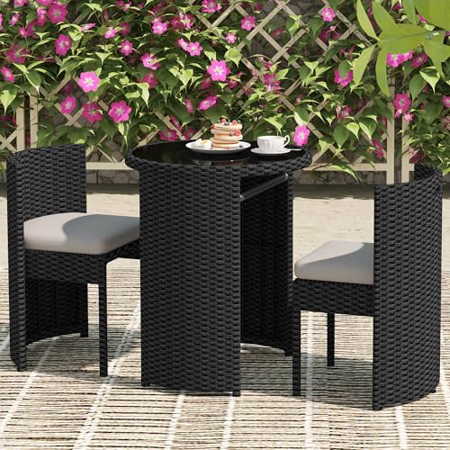 TWT 3 Pieces Fully Assembled Aluminum Outdoor Patio Bistro Set All-Weather Wicker Patio Furniture with Tempered Glass Table & Patio Chairs for Poolside Porch Deck Apartment Black