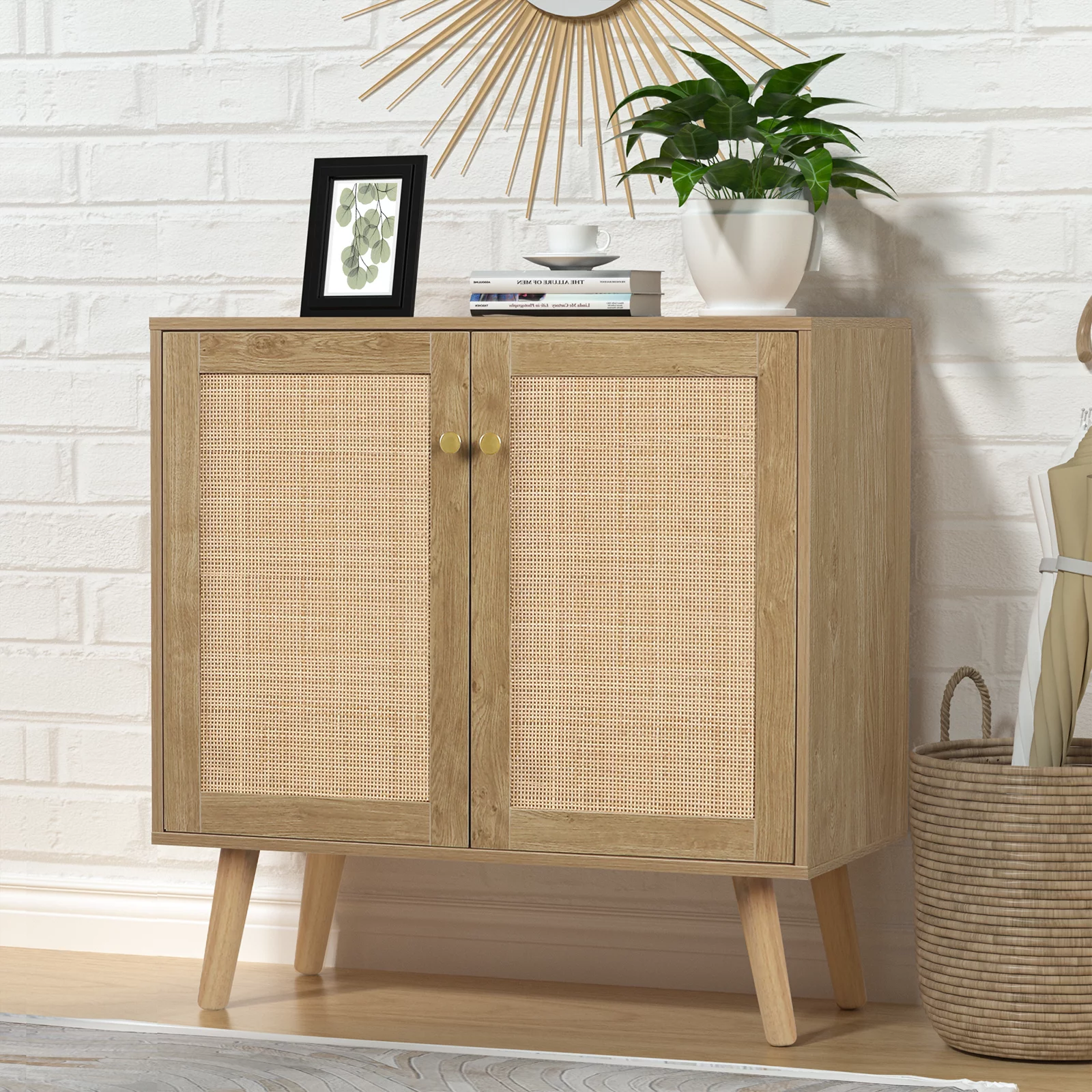 Eumyviv 2-Doors Accent Cabinet Sideboard with Pine Wood Legs Farmhouse Rattan Cabinet Cupboard