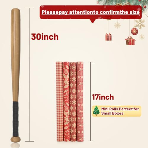 YANGTE Vintage Recyclable Christmas Wrapping Paper Rolls, Brown Kraft Wrapping Paper with Red and Green Pattern, Holiday Gift Wrapping Paper Christmas Rolls, 17x120 inch, 4 Rolls