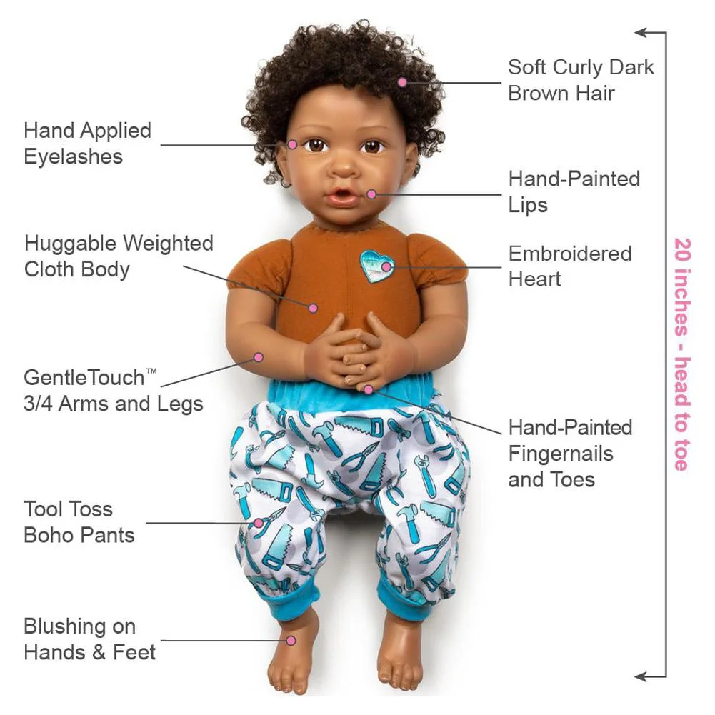 Paradise Galleries African American Black Reborn Baby Boy Doll Wonderfully Made Doll Playset, 7 Pieces. 20-inch