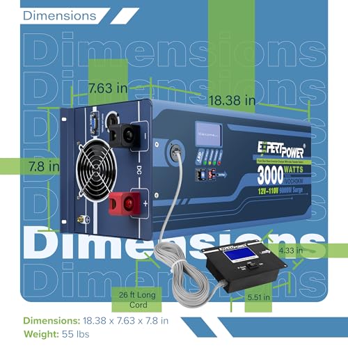 ExpertPower 3000W Pure Sine Wave Inverter Charger | Peak 9000W | DC 12V - AC 110V | LifePO4/ Lithium Battery Compatible | Auto Transfer Switch | LCD Display