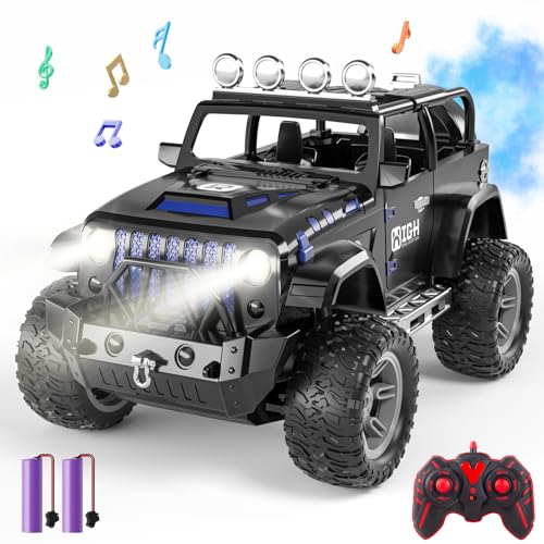 1:16 Remote Control Car with Spray, Lights and Sound, 2.4GHz Remote Control Truck for Boys and Girls, All Terrain Off-Road RC Car Jeep, Toys Gift for Kids