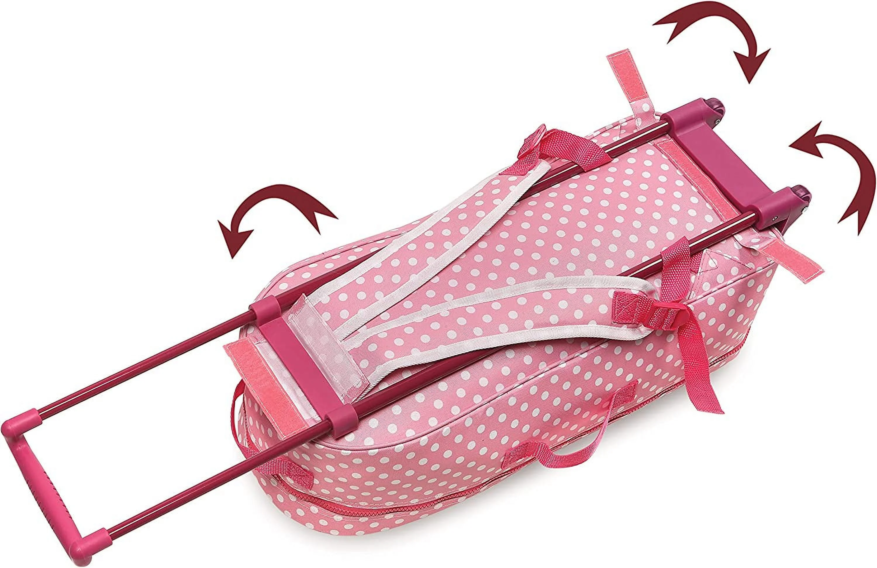 Badger Basket 3-in-1 Trolley Doll Carrier with Rocking Bed and Bedding - Pink/Polka Dot-Material:100% Polyester Fabric