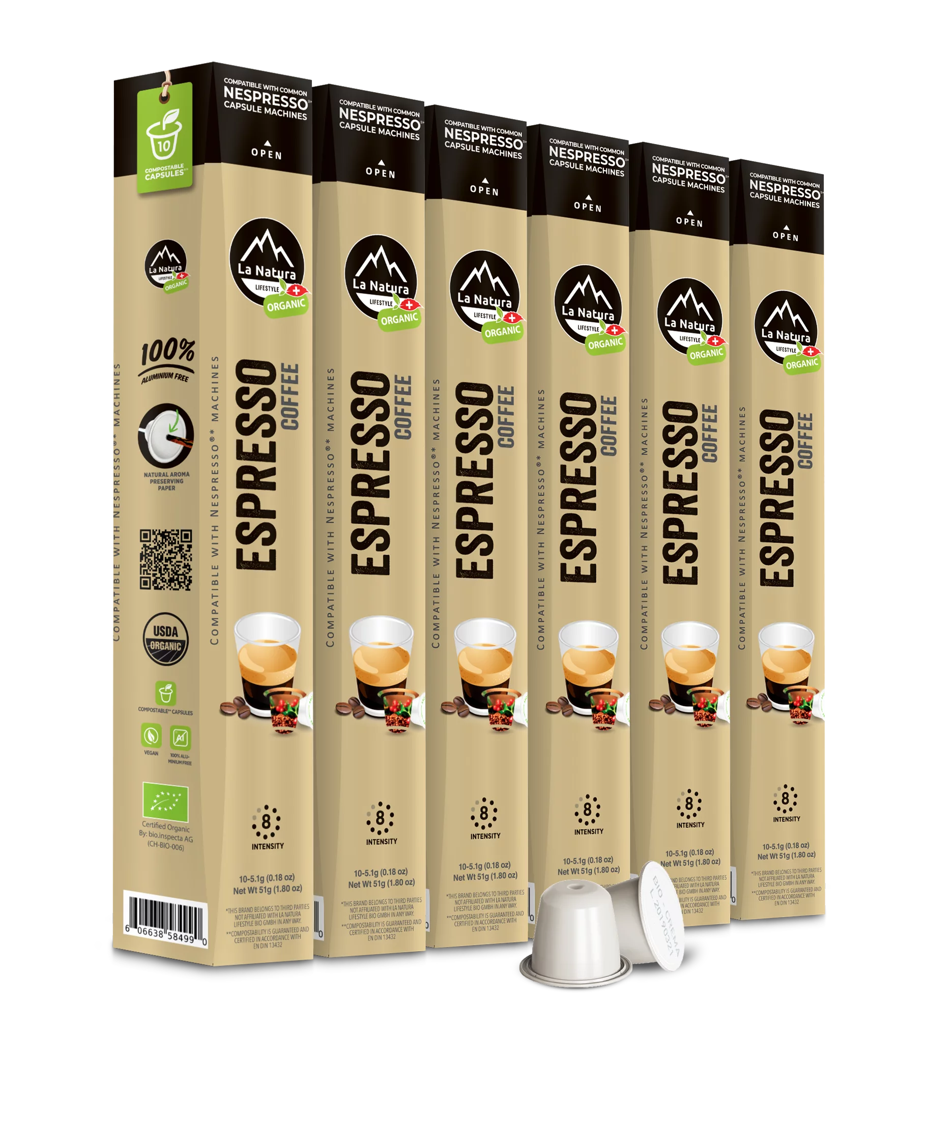 La Natura Organic Espresso Coffee Pods - Dark Roast Arabica Coffee Capsules for Nespresso Original Line Machines - Compostable Capsules, Aluminum-Free - Single-Serve Pods (60 Count)