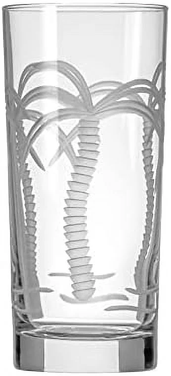 Palm Tree Highball Glass 15 Ounce | Set Of 4 Cooler Glasses | Lead-Free Crystal Glass | Etched Drinking Glass With Heavy Base | Made In The
