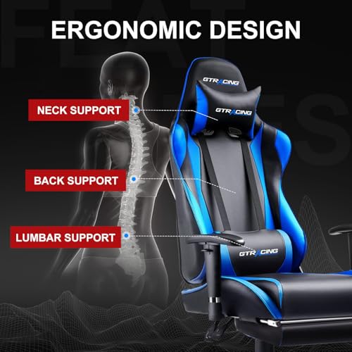 GTRACING Gaming Chair with Footrest, Ergonomic Computer Game Desk Chair, Recline Gaming Chair Seat Height Adjustment, Swivel Rocker with Headrest and Lumbar (Blue)