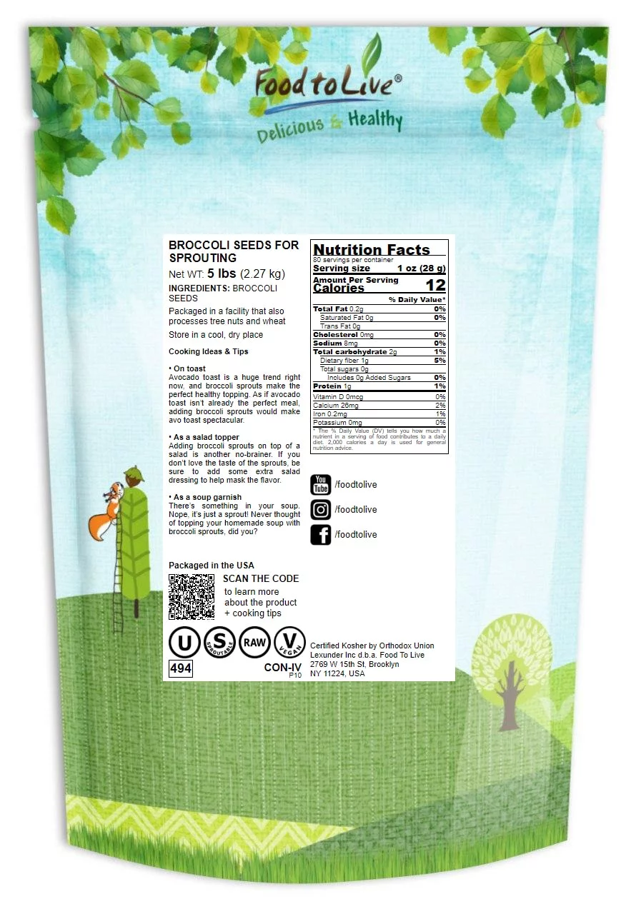 Food to Live, Broccoli Sprouting Seeds, 5 Pounds, Kosher, Sproutable