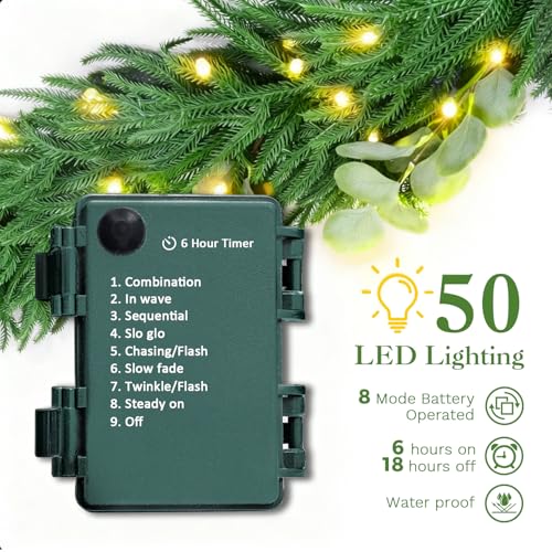 2 Pack Christmas Garlands with Lights, Artificial Pre-lit Garland Christmas for Stairs, 9FT Lighted Garlands with Timer, Battery Operated Christmas Garland for Mantle