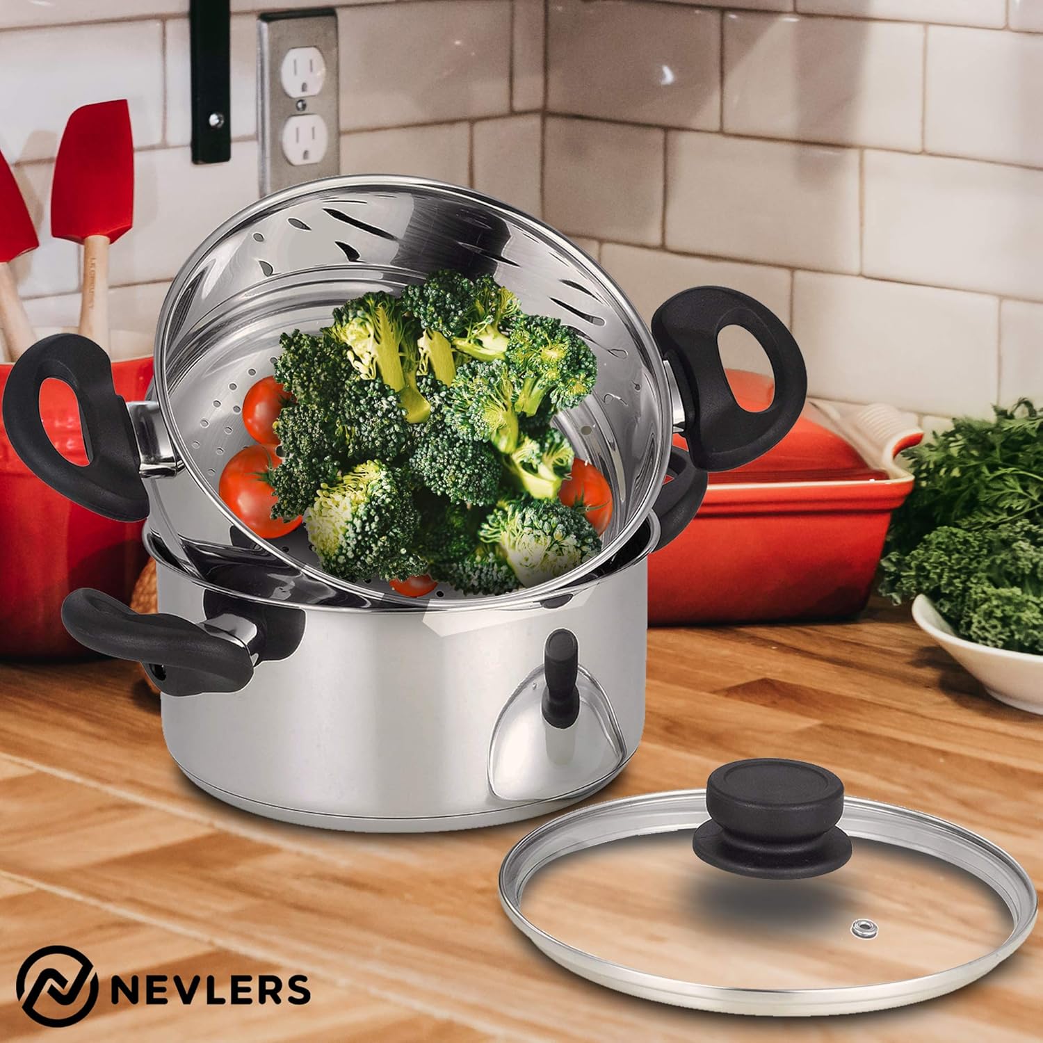Nevlers Stainless Steel 3 Quart Steamer Pot with 2 Quart Steamer Insert plus Vented Lid - 3 Piece Set - Safe and Durable - Great Addition to Every Kitchen