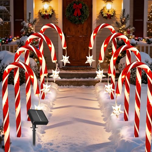 Christmas Decorations Outdoor, 10 Pcs Candy Cane Lights, Solar Pathway Lights with 8 Lighting Modes,100 Led Lights, Waterproof Garden Lights for Christmas Patio Yard Walkway Decorations