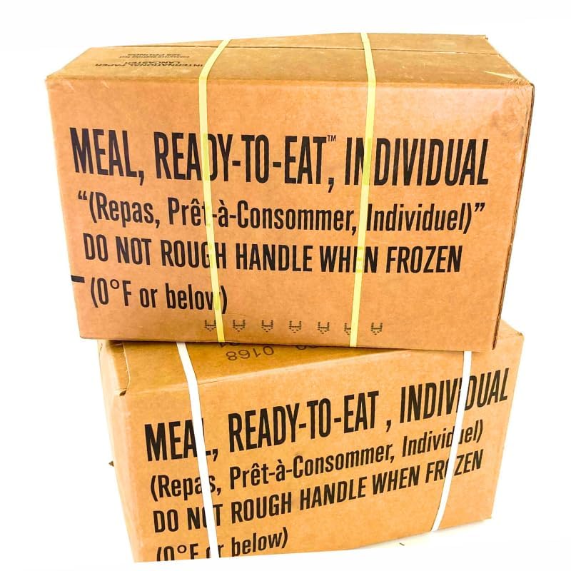 MRE A and B bundle cases 2024, 2025 inspection - Military meals ready to eat - 24 full food packs rations with 1,250 calories per meal and heater for camping