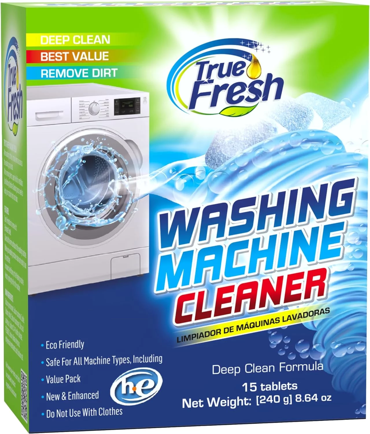 True Fresh Washing Machine Cleaner Tablets, 15 Solid Deep Cleaning Tablet, Finally Clean All Washers Machines Including HE Front Loader Top Load 15 Count (Pack of 1)