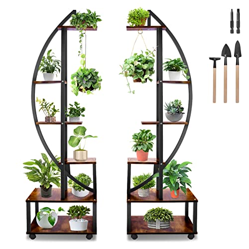 Seeutek 2 pcs 6 Tier Tall Metal Indoor Plant Stands with Hanging Loop,Half Moon Shaped Ladder Plant Shelf Holder,Multiple Plant Stand Flower Pot Rack for Home Decor Patio Lawn Garden