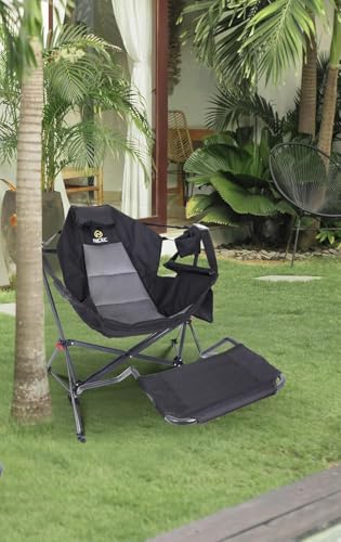 Nice C Hammock Camping Chair, Camping Chair Rocker, Swinging Chair, High Back with Stand, Cup Holder, Side Pocket, Heavy Duty (1, Black w/footrest)