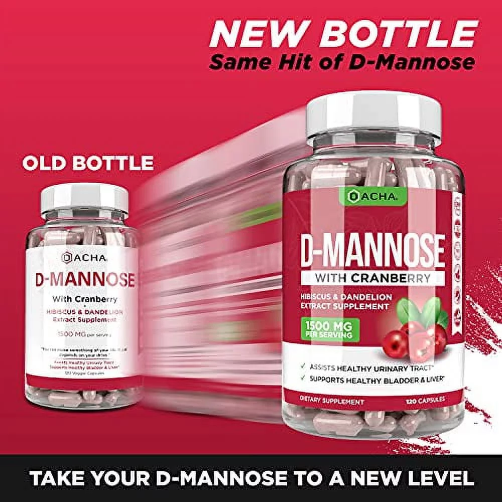 Natural D-Mannose Capsules 4-in-1 Formula - 120 CAPS, 1500 MG Cranberry, Dandelion, Hibiscus Flower Extract, Fast-Acting Pills for Bladder Health, Urinary Tract Infection UTI Support Flush I