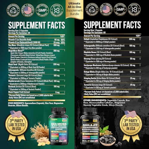 Zoyava Dynamic Vitality Bundle, Sea Moss and Shilajit Bundle, Sea Moss 7000mg, Black Seed Oil 4000mg, Ashwagandha 2000mg, Ginger & Shilajit 9000mg, Rhodiola Rosea 1000mg, Panax Ginseng (2 Pack)