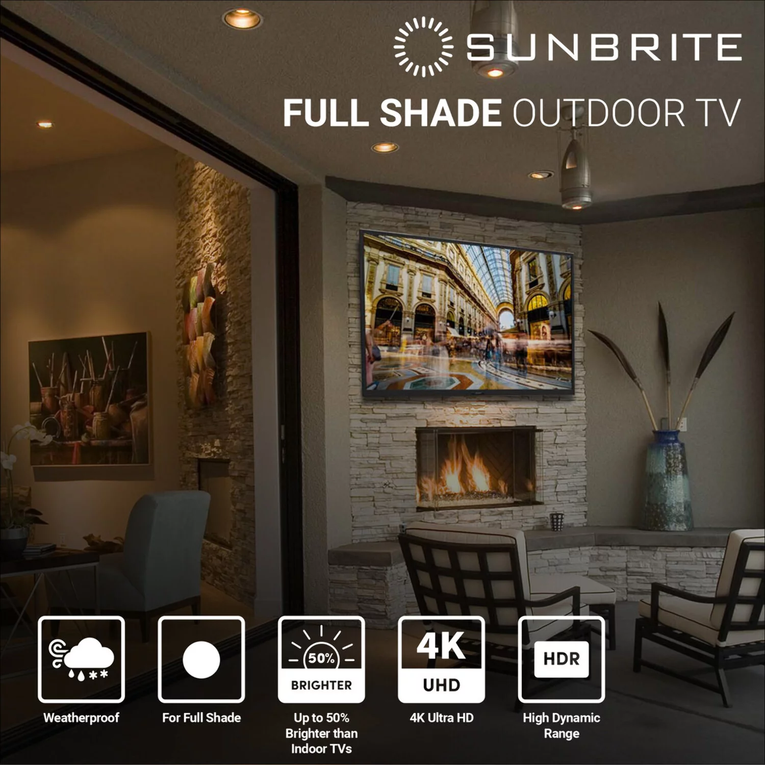 SunBrite Veranda 2 Series 55-inch Full Shade Outdoor TV | 4K Ultra HD HDR LED Weatherproof Television - Direct Lit LED Screen with All-Weather Remote (SB-V-55-4KHDR-BL)
