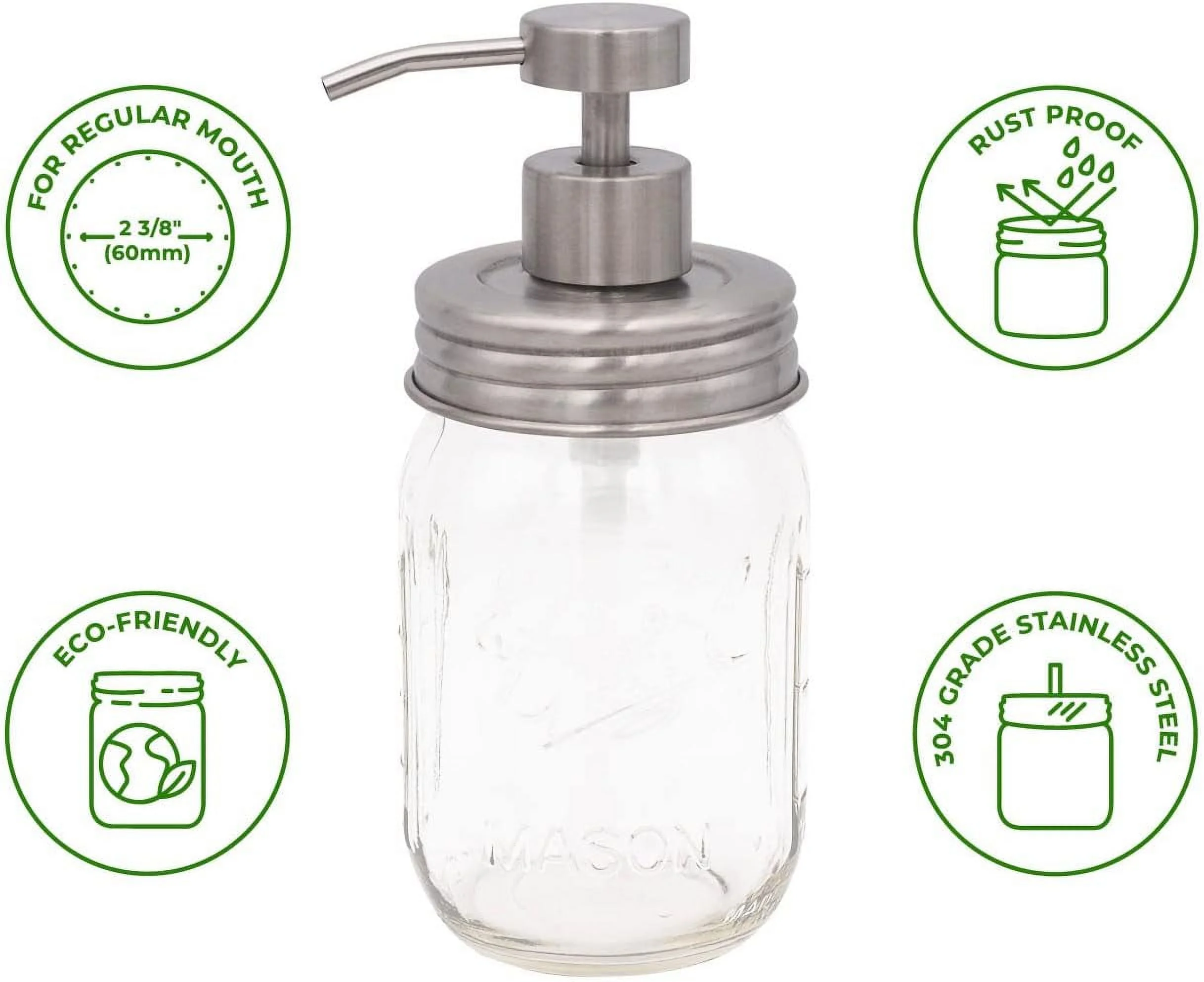 Stainless Steel Threaded Soap Pump Lid | Hand Soap Pump Top/ Dispenser Pump Replacement Lids For Mason Jars (Regular Mouth)