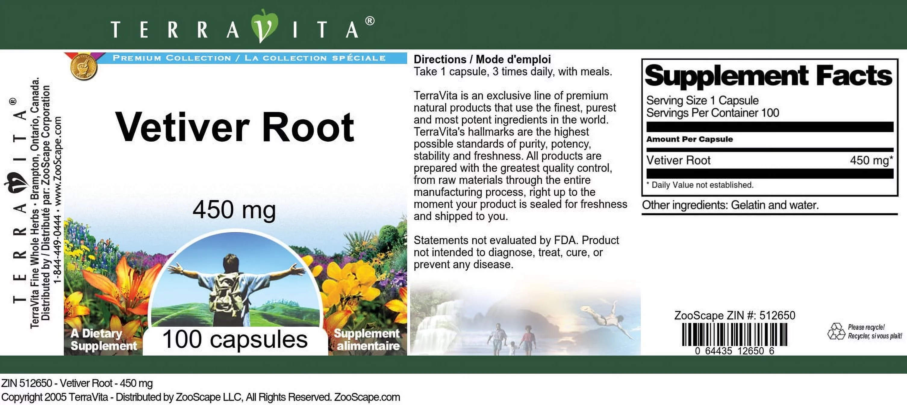 TerraVita Vetiver Root - 450 mg, (100 Capsules, 1-Pack, Zin: 512650)