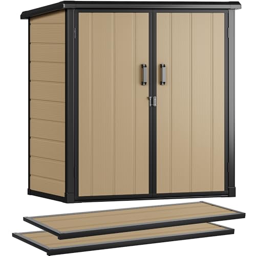 DWVO Outdoor Vertical Storage Shed with 2 Shelves, 49 Cu Ft Waterproof Resin Garden Shed with Floor & Lockable Door, Plastic Tall Tool Cabinet for Garbage Cans, Lawn Equipment, Garden Supplies (Gray)