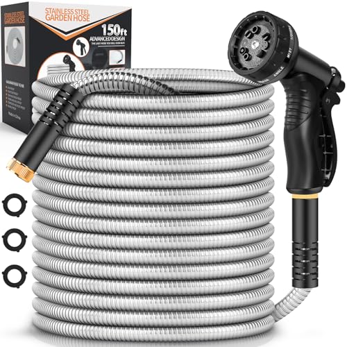 Garden Hose Metal 100FT, Stainless Steel Heavy Duty Water Hose With 10 Function Nozzle, No-Kink, Tough & Flexible, Sturdy and Lightweight, Rust Proof for Yard, Outdoor, RV