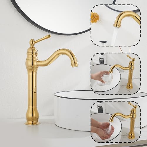GGStudy 360° Swivel Antique Brass Bathroom Vessel Sink Faucet Single Handle One Hole Matching with Pop Up Drain
