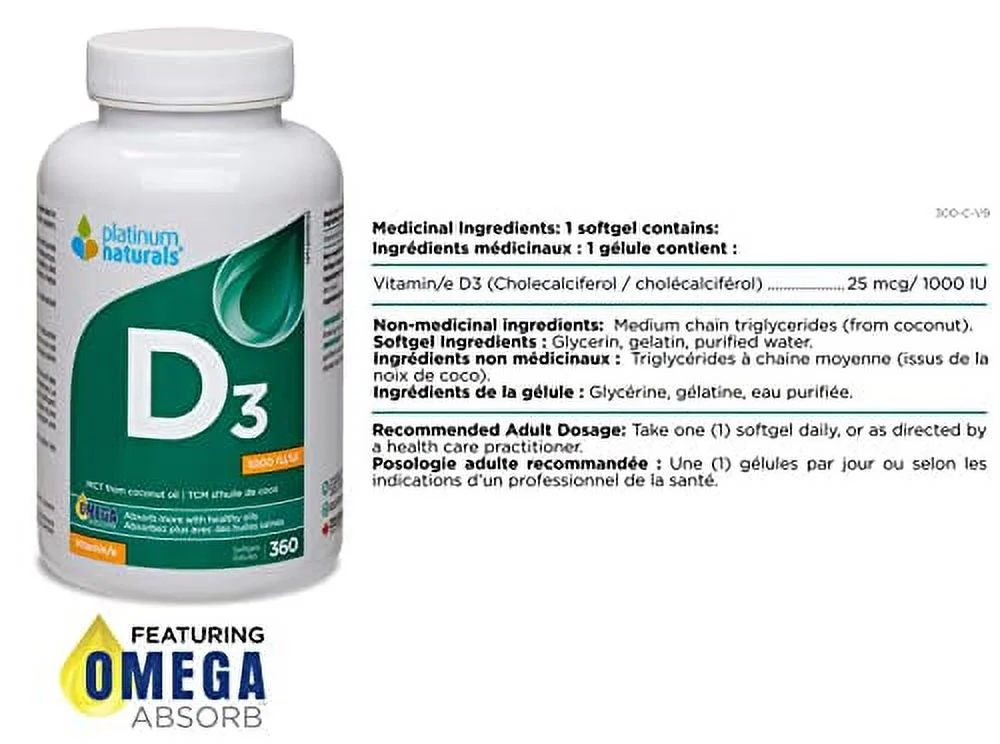 Platinum Naturals Vitamin D3 1000 IU, 360 Softgels