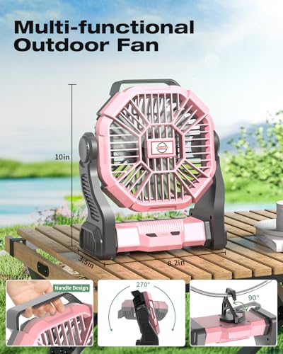Portable Camping Fan, Rechargeable Battery Operated with LED Lights, Hanging Hook, 270°Rotation, 20000mAh Battery Powered Fan for Beach, Office, Picnic, Fishing, Travel, Tent