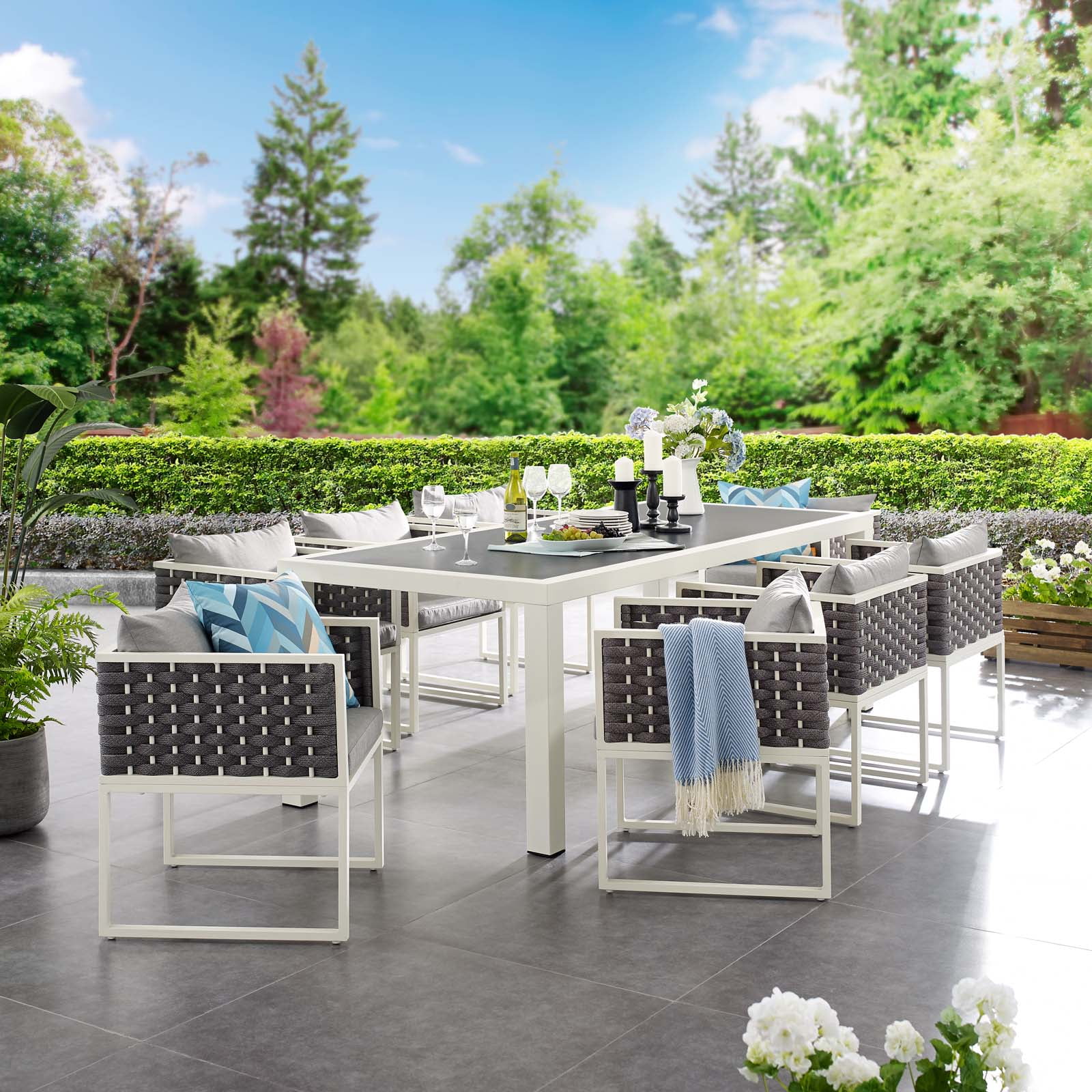 Modway Stance 9 Piece Outdoor Patio Aluminum Dining Set in White Gray