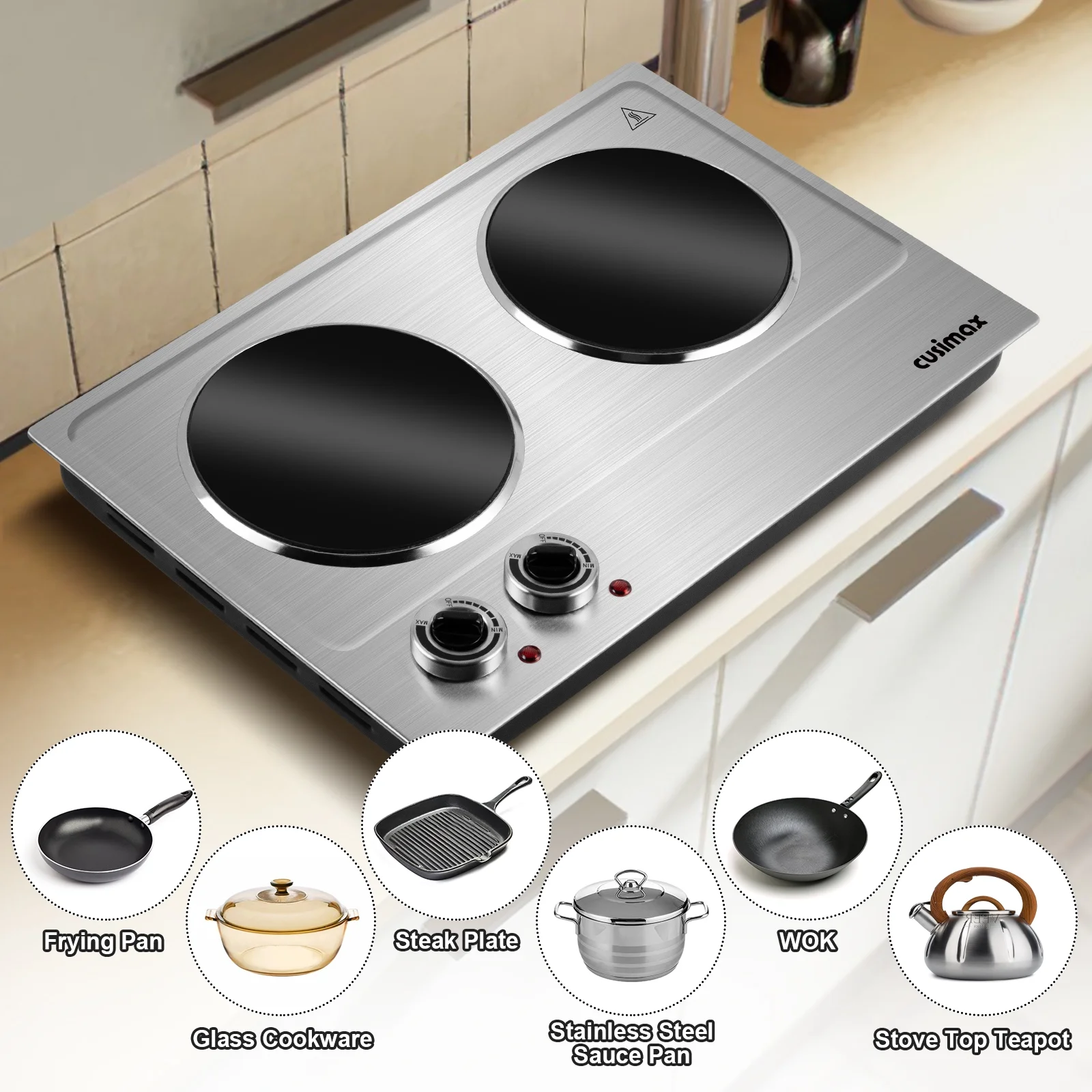 Hot Plate, CUSIMAX 1800W Infrared Double Burner, Ceramic Glass Cooktop, Cooking Electric Heating Plate, Easy to Clean, Stainless Steel, Silver