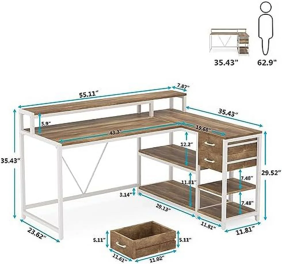Reversible L Shaped Desk with Drawer  Industrial Corner Desk  Office Table with  Shelves and Monitor Stand  Rustic Wooden and Metal PC Desk for Small Space (Oak)