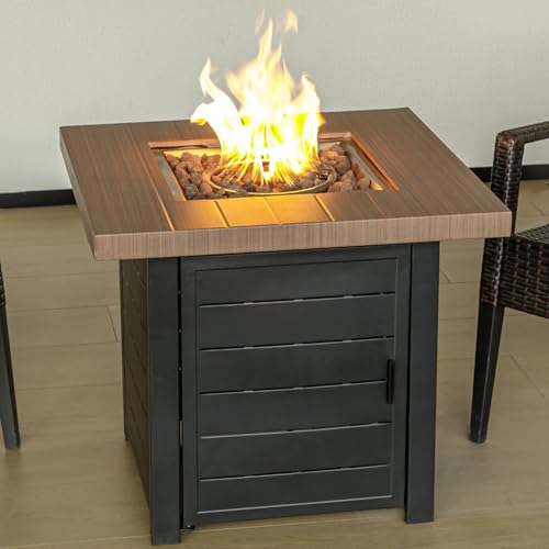 28 Inch Propane Fire Pit Table, Outdoor Gas Fire Pits with Lid & Lava Rock, 50000 BTU Firepit for Dinning, Party in Outside, Patio, Garden or Yard(Black&Brown)