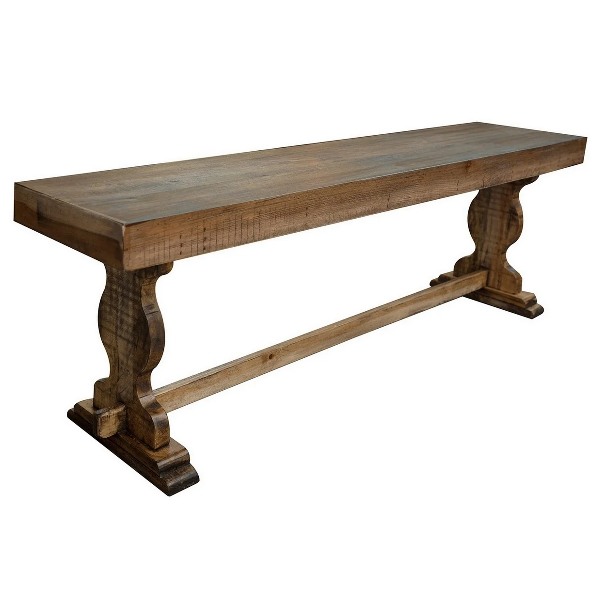 Ebb 70 Inch Rustic Wood Bench Curved Base Solid Pine Wood Light Brown- Saltoro Sherpi