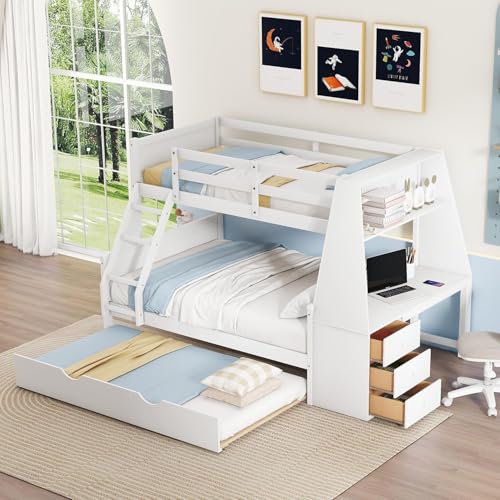 Twin Over Full Bunk Bed with Desk and Trundle, Wooden Bunk Beds Twin over Full Size with Storage Drawers and Shelf ,Storage Bunk Beds with Ladder & Guardrails for Kids Girls Boys ,Grey