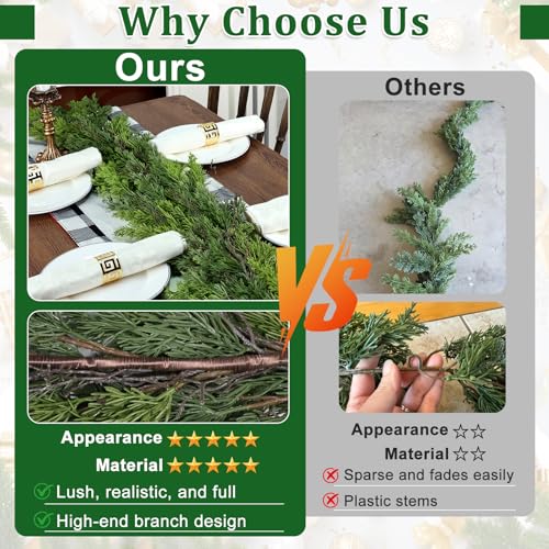 9FT Christmas Pine Garland - Real Touch Green Garland - Artificial Realistic Cedar Garlands for Mantel, Staircase, Tabletop - Indoor Outdoor Winter Christmas Decor