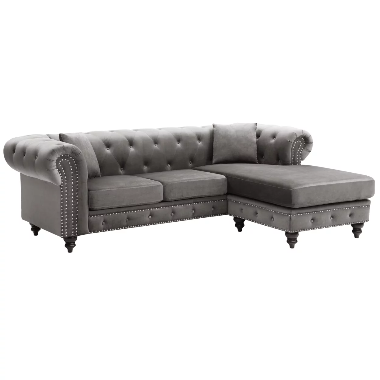 Passion Furniture Nola 98 in. Dark Gray Velvet L-Shape 3-Seater Sofa with 2-Throw Pillow