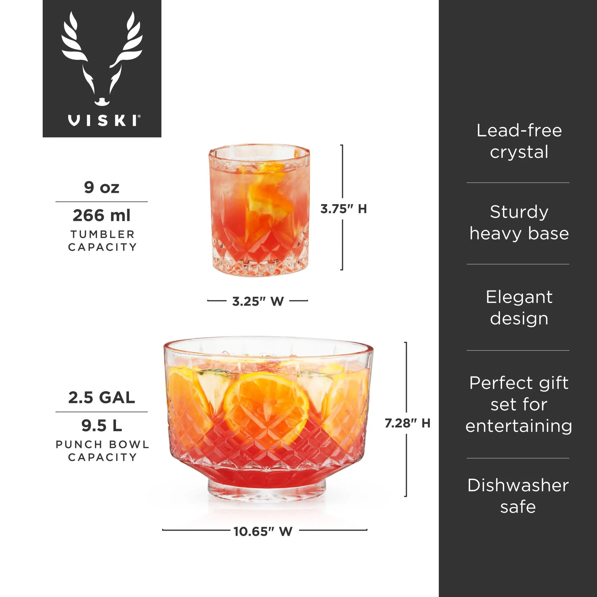 Viski Admiral Punch Bowl Set with 8 Tumblers, Cut Crystal Cocktail Party Serveware, Dishwasher Safe, 2.5 Gallons, 9 Oz Glasses, Set of 9