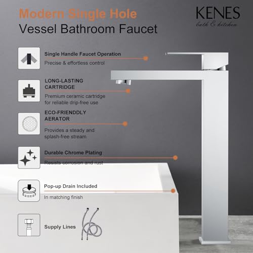 KENES Brushed Nickel Vessel Sink Facuet Single Handle Tall Bathroom Sink Faucet Vanity Bathroom Faucet Basin Mixer Tap with Water Supply Hose and Pop Up Sink Drain, LJ-9031A