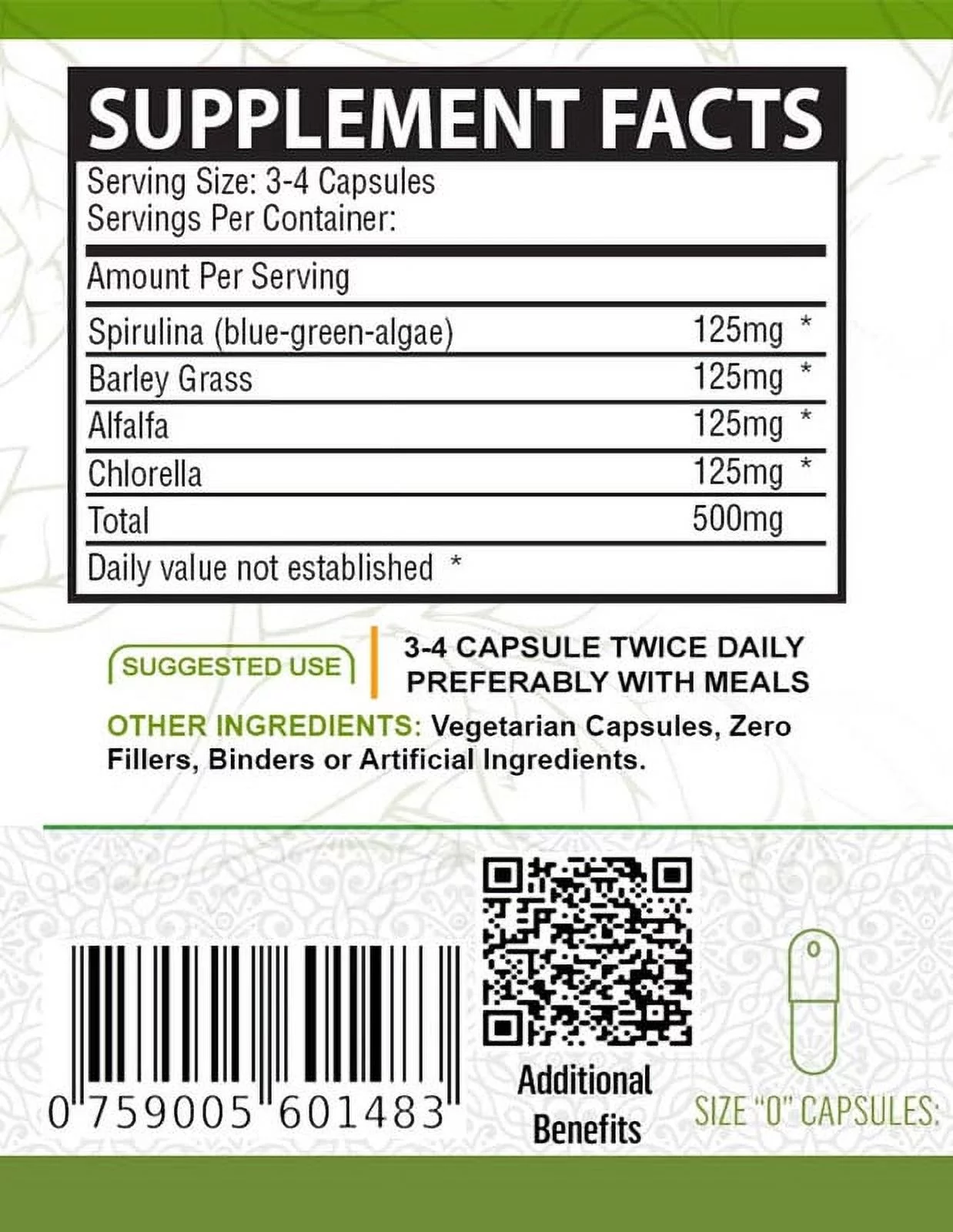 PURE ORGANIC Spirulina + Barley Grass + Alfalfa + Chlorella CAPSULES  (120 Count)