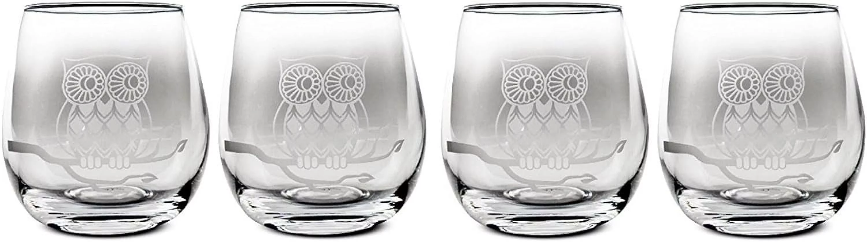 Etched Owl Stemless Wine Glasses (4 Pack)
