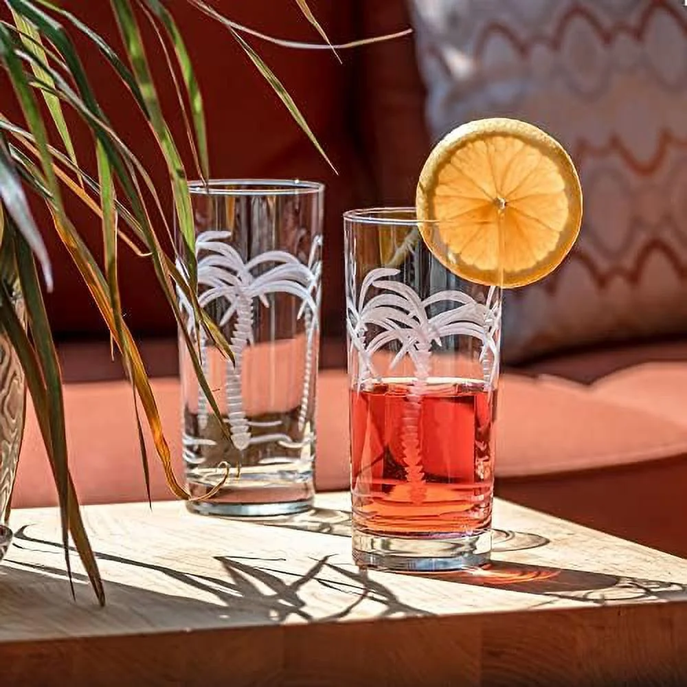 Palm Tree Highball Glass 15 Ounce | Set Of 4 Cooler Glasses | Lead-Free Crystal Glass | Etched Drinking Glass With Heavy Base | Made In The