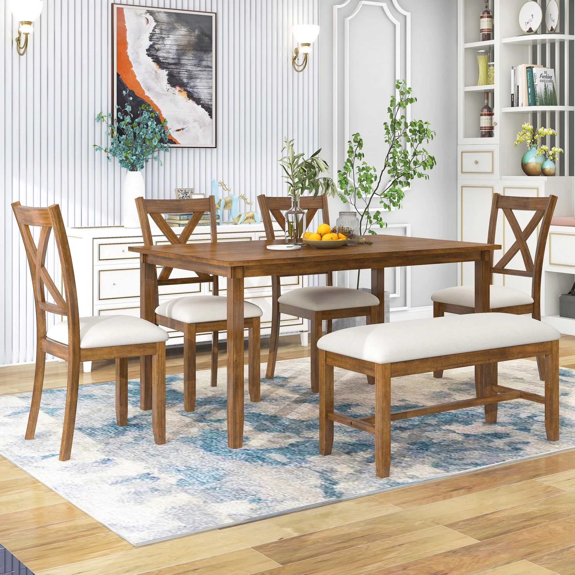 Prehome 6-Piece Kitchen Dining Table Set Wooden Rectangular Dining Table, 4 Fabric Chairs and Bench Family Furniture (Natural Cherry)