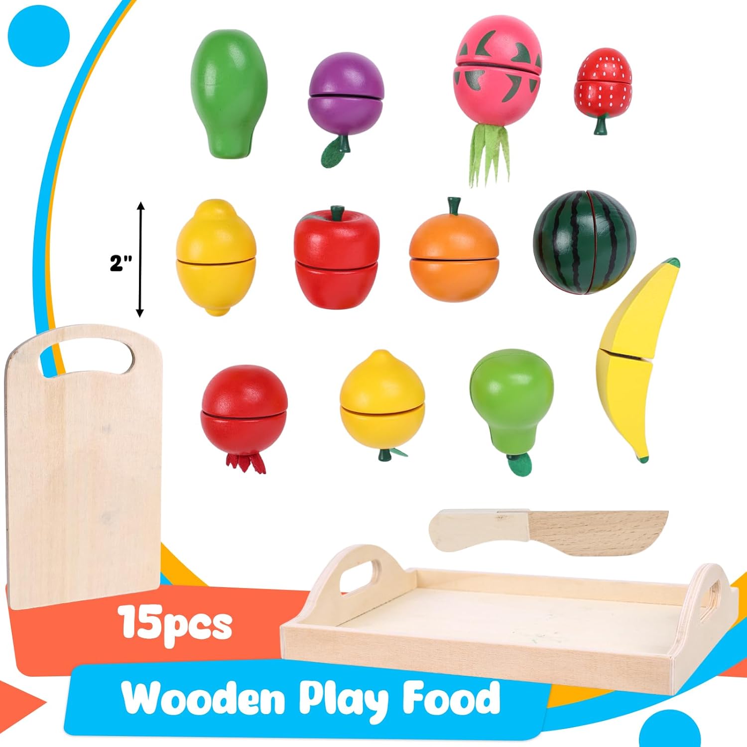 MCPINKY Wooden Play Food Set for Kids Kitchen, Montessori Toys Pretend Cutting Fruits Toys with Wooden Tray, Play Kitchen Accessories for Kids Educational Toys
