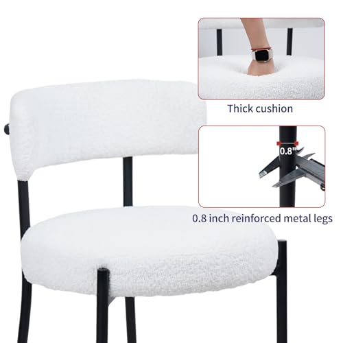 CLATINA White Boucle Dining Room Chairs, Dining Chairs Set of 1, Mid-Century Modern Kitchen Chair Curved Backrest Round Upholstered Sherpa Dining Chair with Metal Legs
