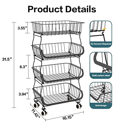 4 Tier Fruit Vegetable Basket for Kitchen, Stackable Fruit and Vegetable Storage Cart,Vegetable Organizer Basket stand Bins Rack for Onions and Potatoes, Metal Wire Storage Baskets with Wheels, Black