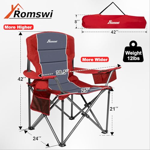 Romswi Oversized Camping Chairs,Heavy Duty Support 500 LBS,Padded Back & Arm Sport Chairs, Cup Holder Cooler Bag, Collapsible Folding Chairs for Outdoor, Fishing & Garden, Black,2-Pack